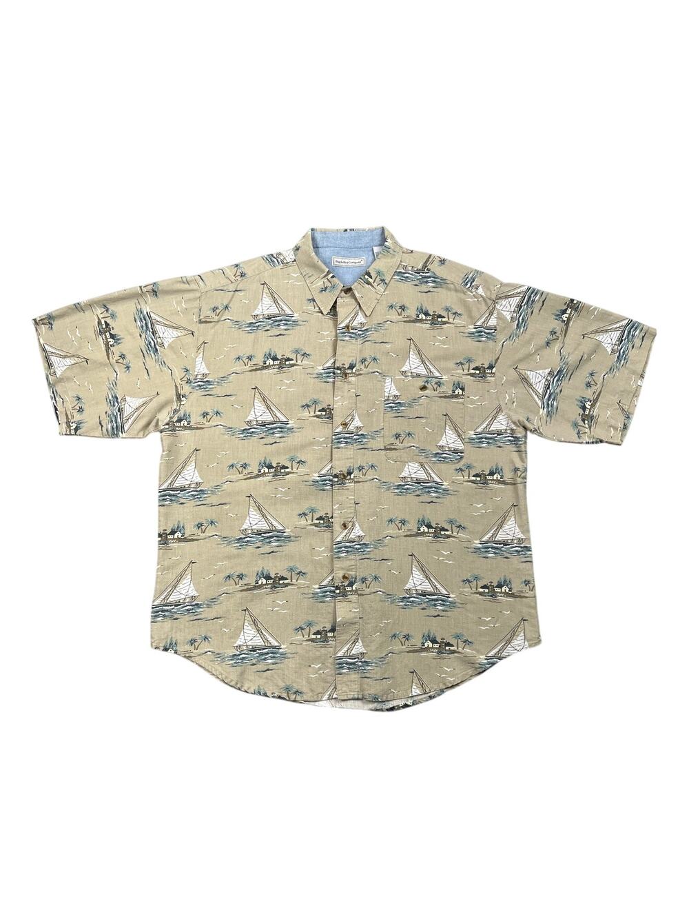 Vintage Bugle Boy Hawaiian Shirt Sailboat Island Print Linen Blend XXL